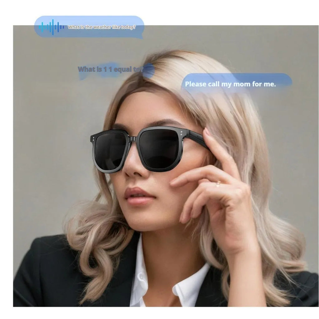 Black AI smart glasses with Bluetooth audio, UV protection lens, and touch controls on the frame.