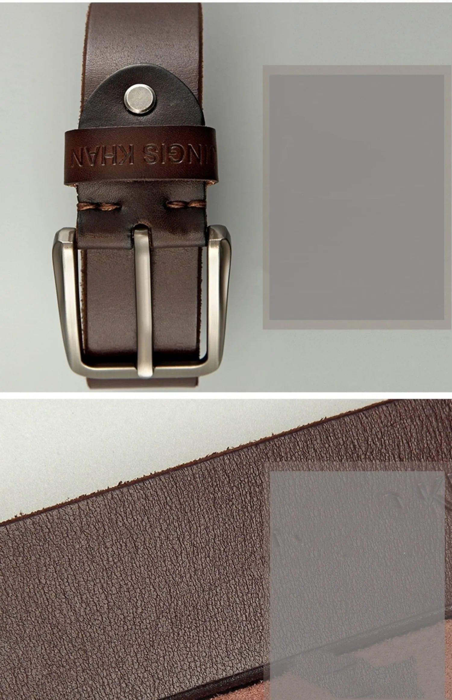Handmade casual men's cowhide belt with needle buckle and leather decoration, black colour, on a plain background