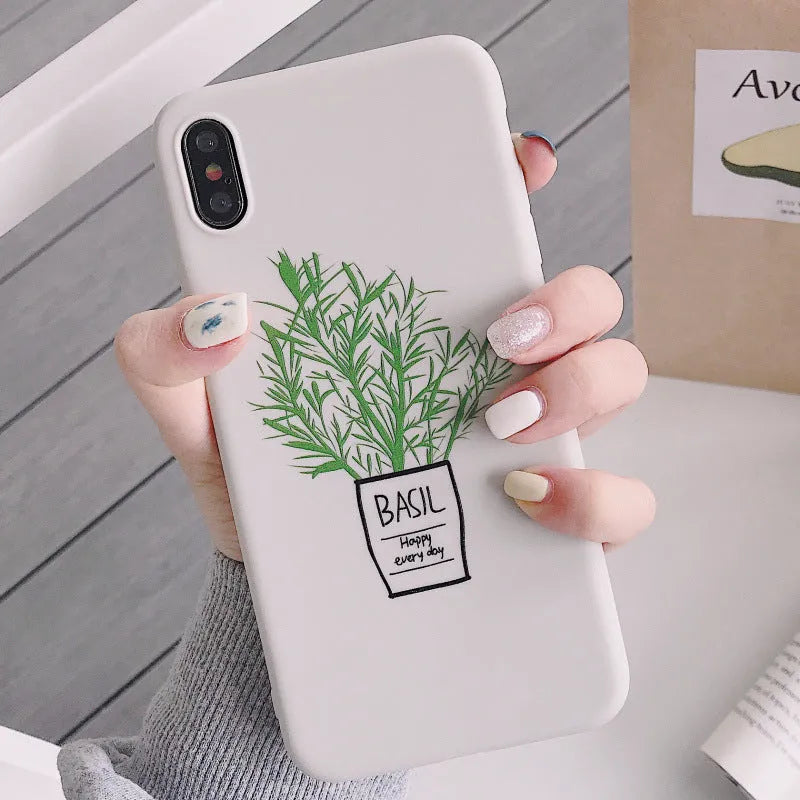 White silicone iPhone case with painted plant design showing 360-degree edge protection