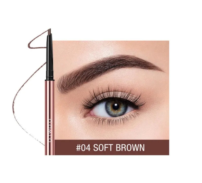 Slim eyebrow make-up pencil in colour box packaging with six shade options shown.