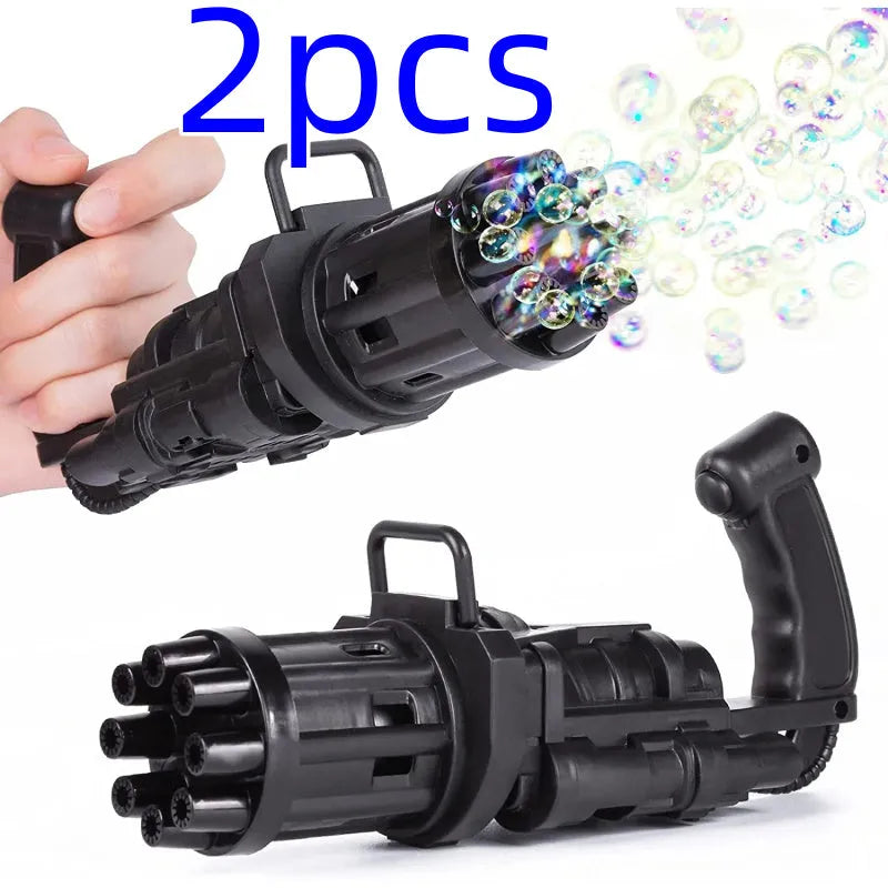 Children's ABS plastic bubble gun machine in pink with trigger and bubble head, used as a toy for outdoor parties