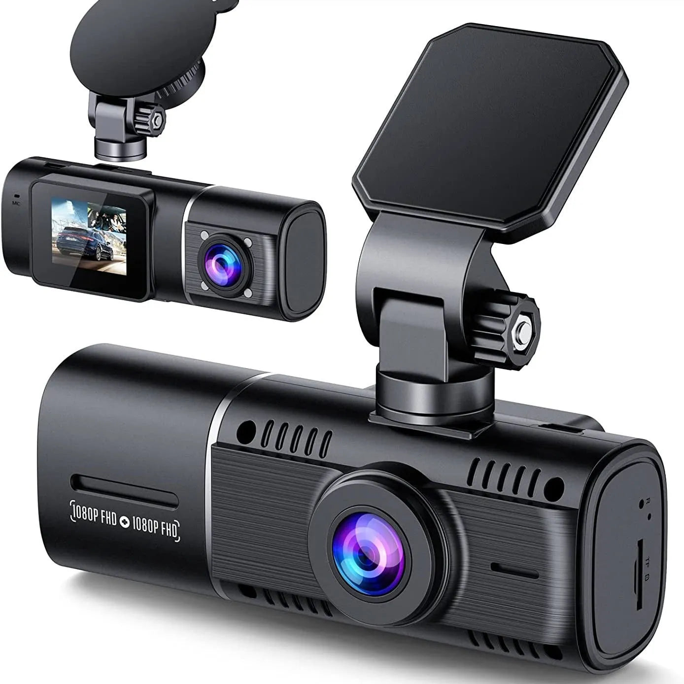 Standard black 1080p dashcam car camera with screen, shown with car charger and stand.