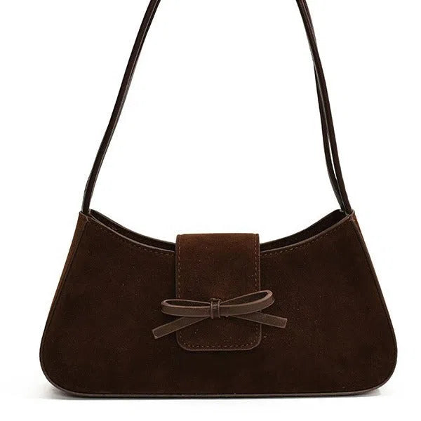 Women's retro PU leather horizontal rectangular shoulder bag with bow tie detail, available in Brown, Coffee, Anco Red, Black, 28x6.5x14cm
