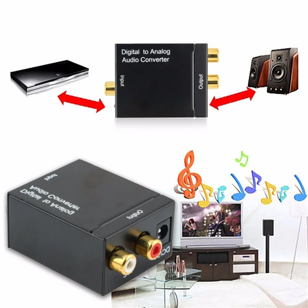 Black digital to analogue audio converter with Toslink and RCA inputs for DVD and AV systems.