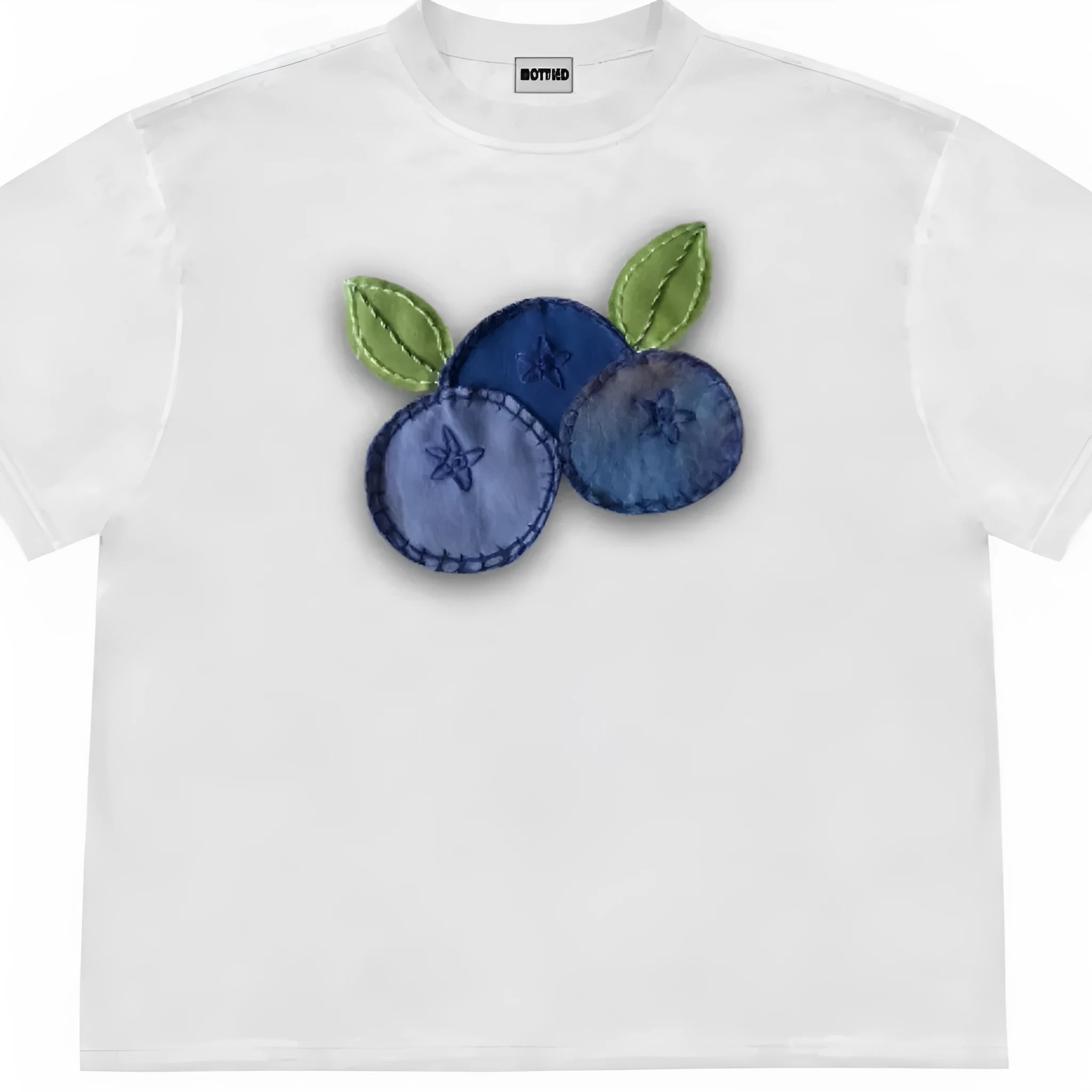 Blueberry fruit patchwork T-shirt with botanical flowers in Ice Oxygen Cotton fabric, loose fit with short sleeves