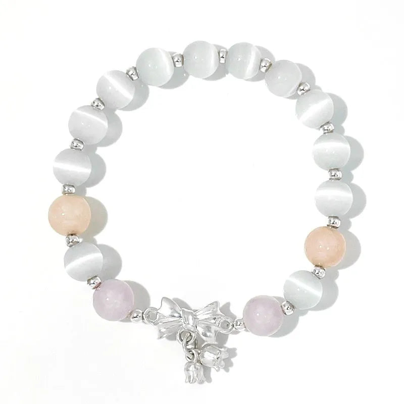 Lavender purple opal bracelet with bowknot design and 10mm crystal beads