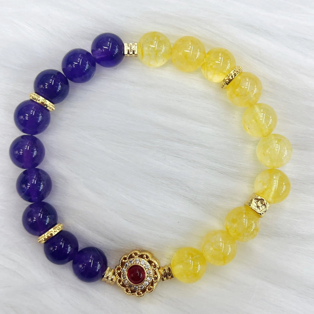 Handmade women's crystal bracelet in yellow and purple colours