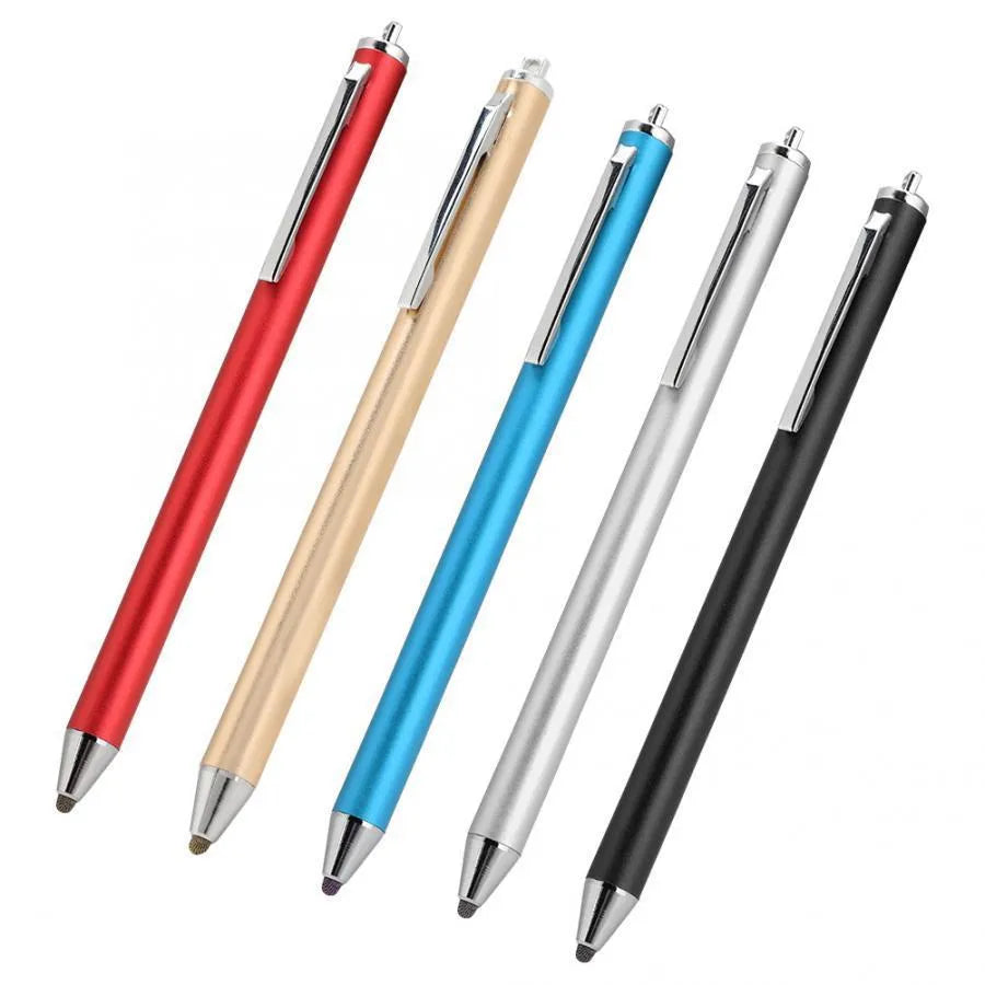 Fine tip metal stylus pen for touch screen phones and tablets, shown in multiple colours.