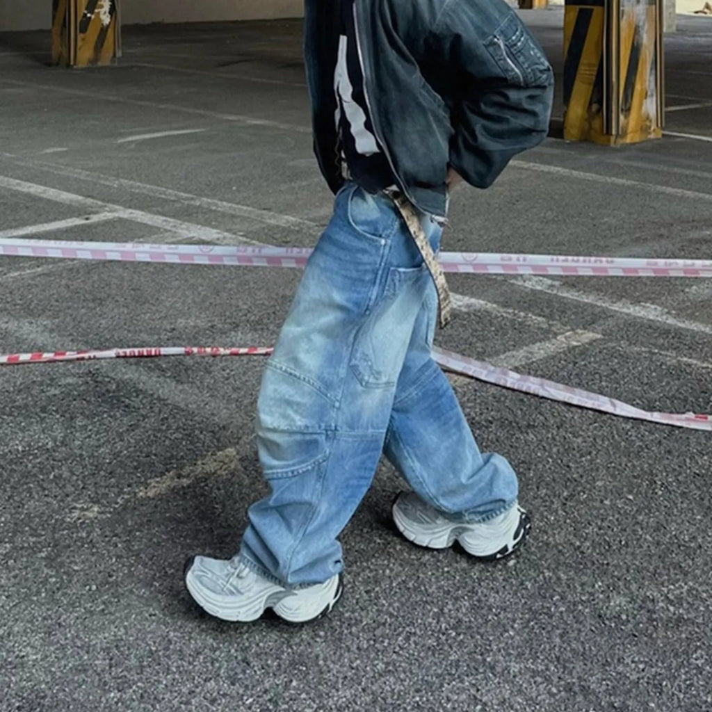 Men's washed white-blue baggy jeans with straight leg and zip fly on hanger