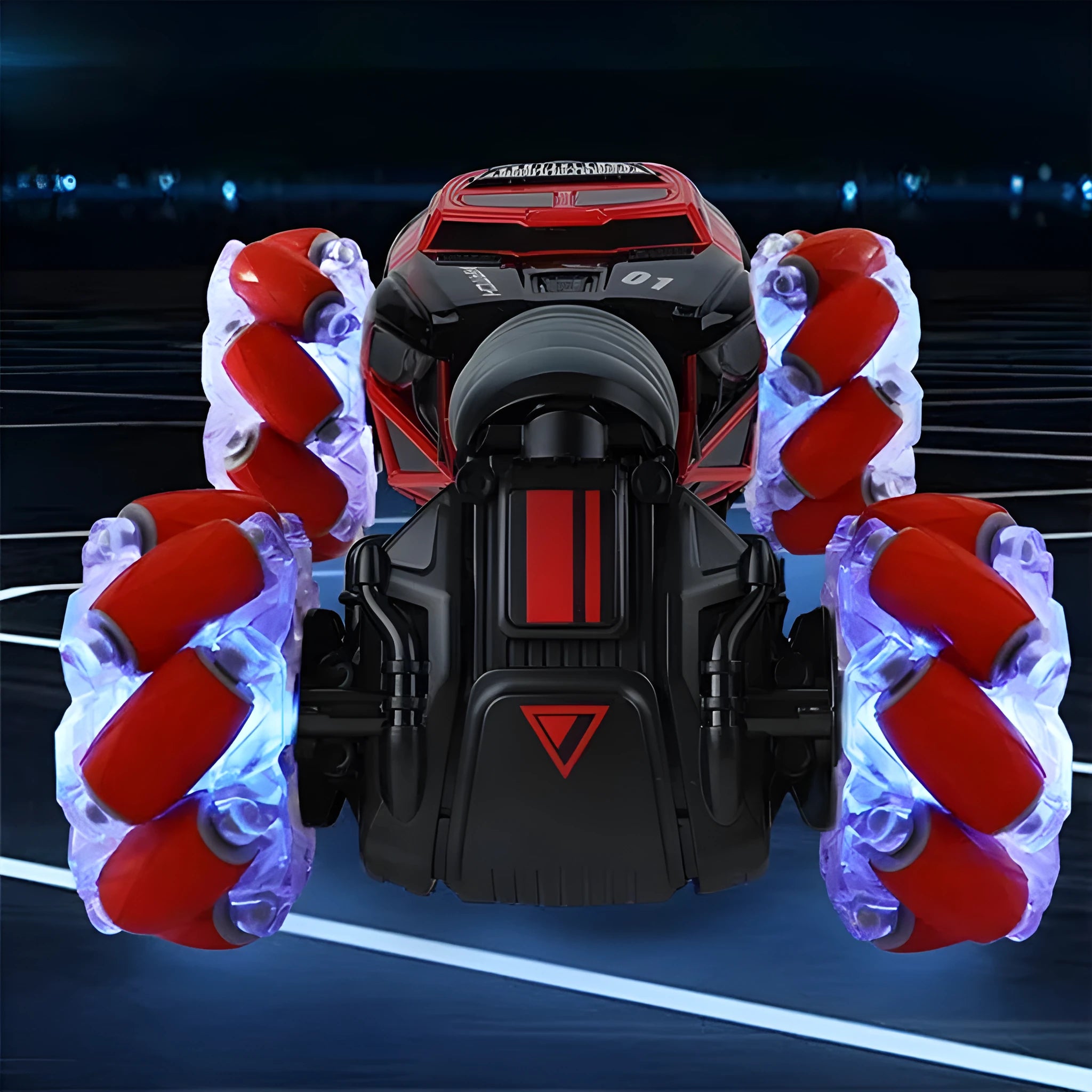 4WD RC stunt car in red with gesture remote control, morphing off-road design, plastic construction