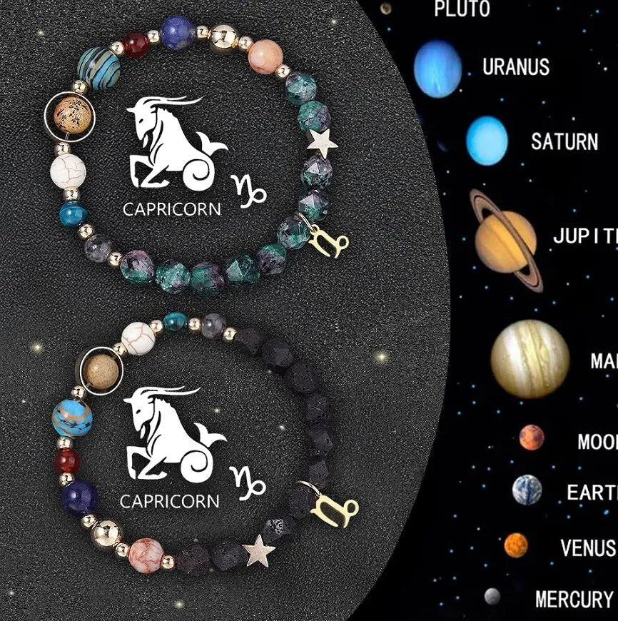Two natural stone bead bracelets on an adjustable cord, representing zodiac signs.