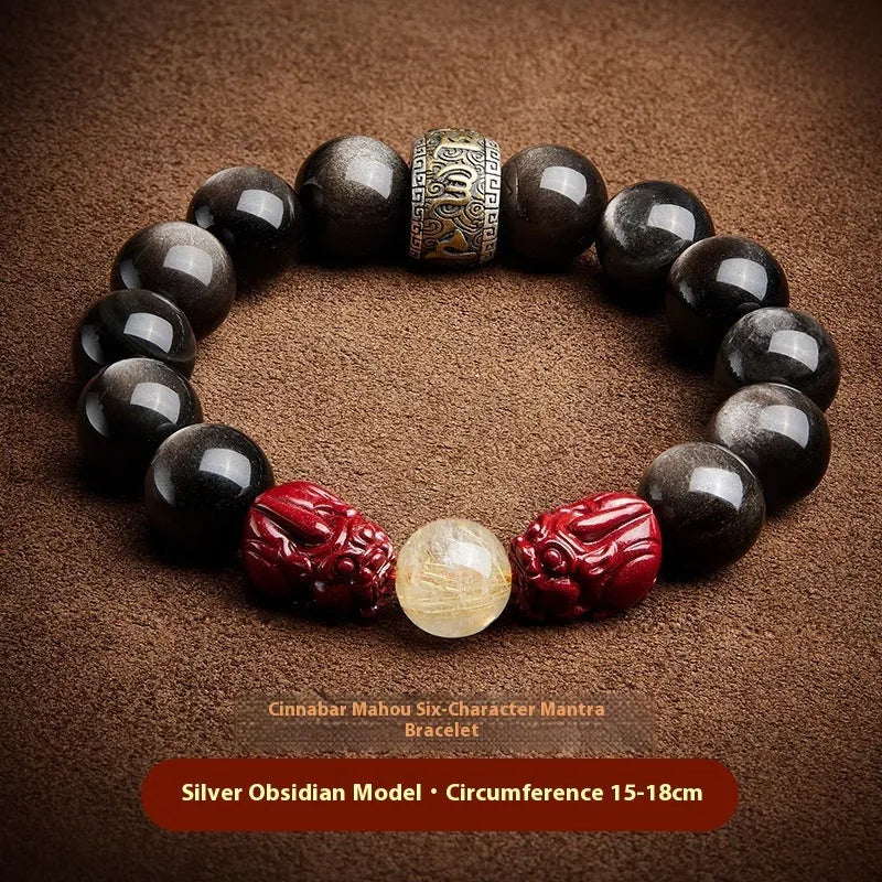 Hand-carved natural cinnabar beads bracelet with zodiac animal charm in gold or silver stone option