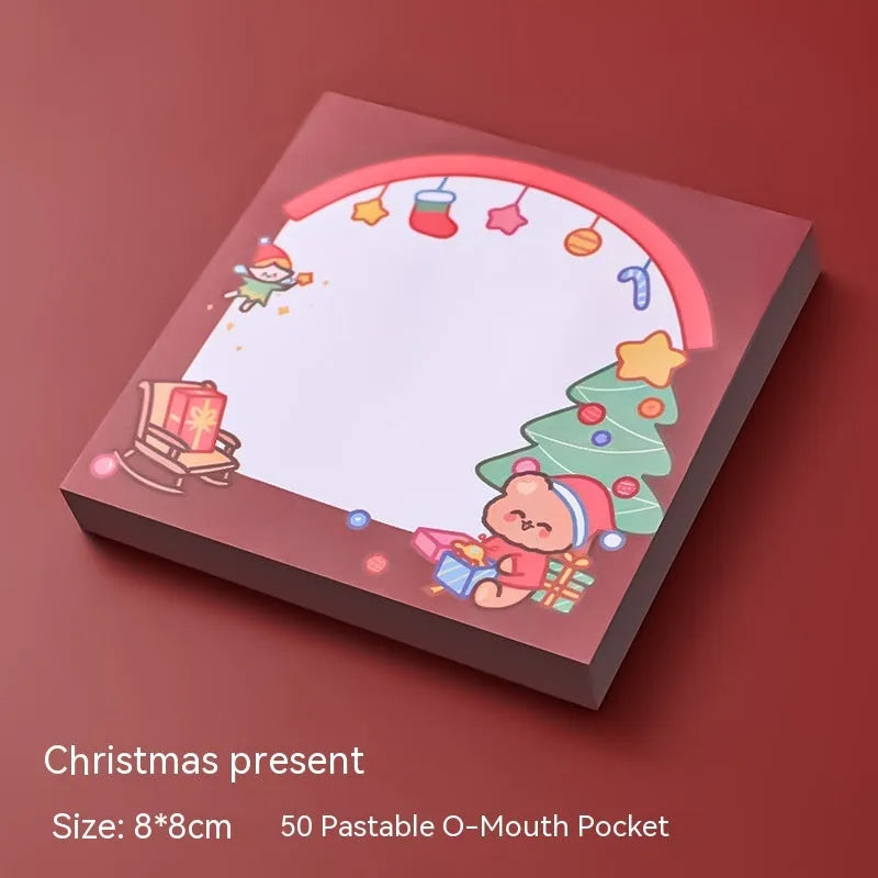 Christmas cartoon sticky notes set showing elf, gift, sled, crystal ball, Santa, house, bear, and snowman designs