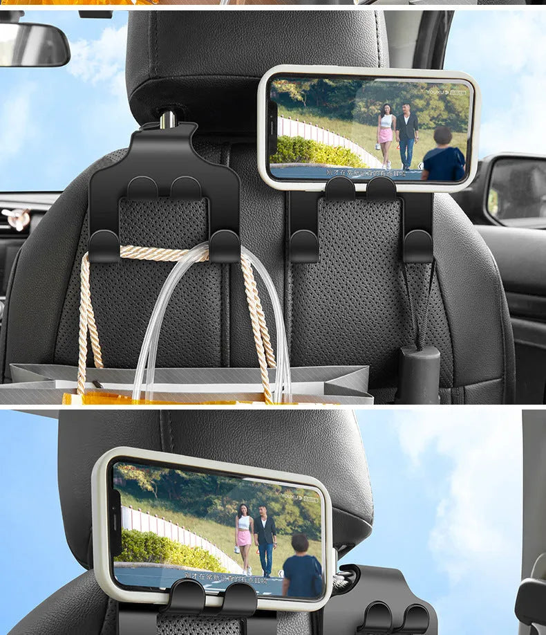 A white ABS plastic car multifunction hook shown as a phone holder and hanging hook.