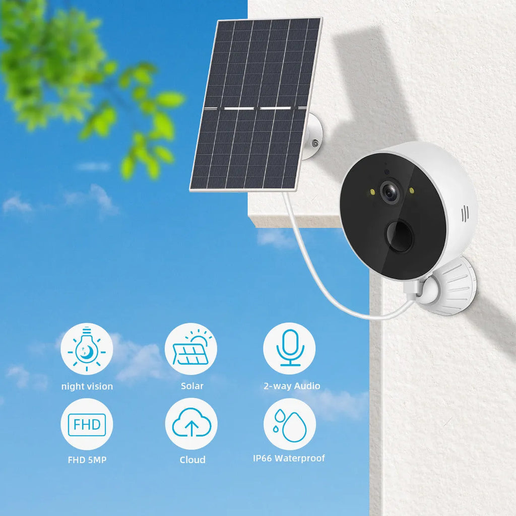 Outdoor solar-powered security camera with attached solar panel for off-grid monitoring.