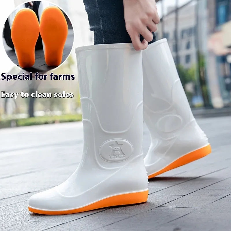 Plastic washable rain boots in white or yellow colours with high tube design and flat heel