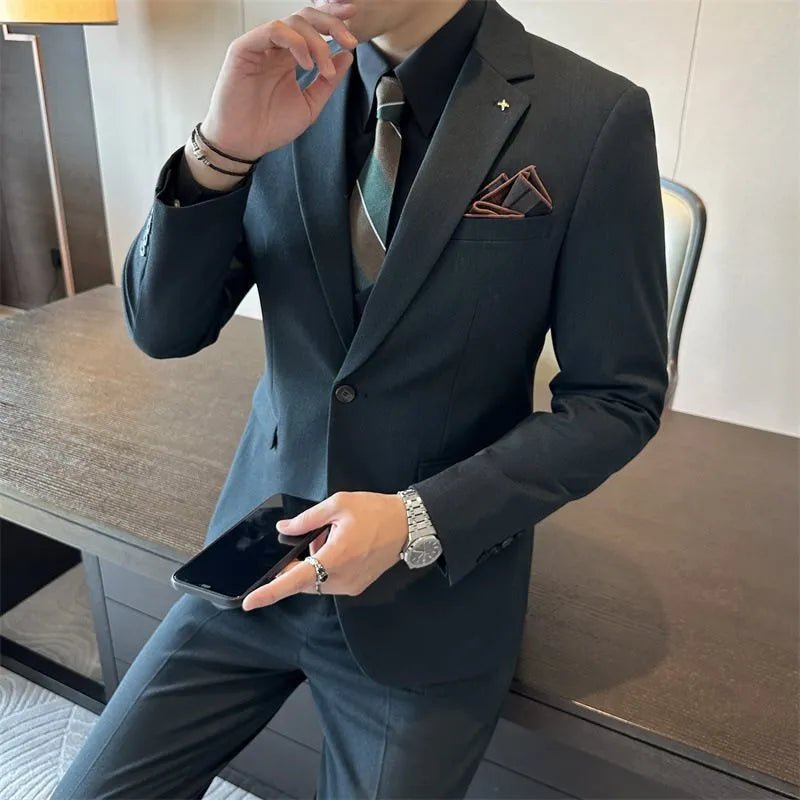 Men's slim fit business formal jacket in dark green, brown, or camel colour.
