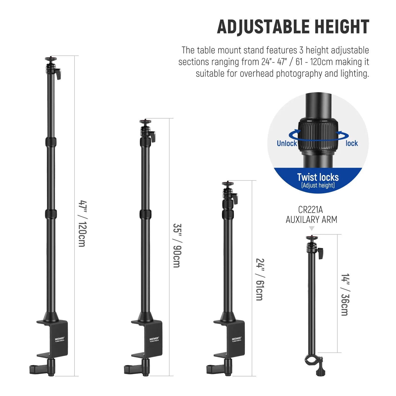 Portable metal desktop photography stand with adjustable cross arm and metal cellphone holder