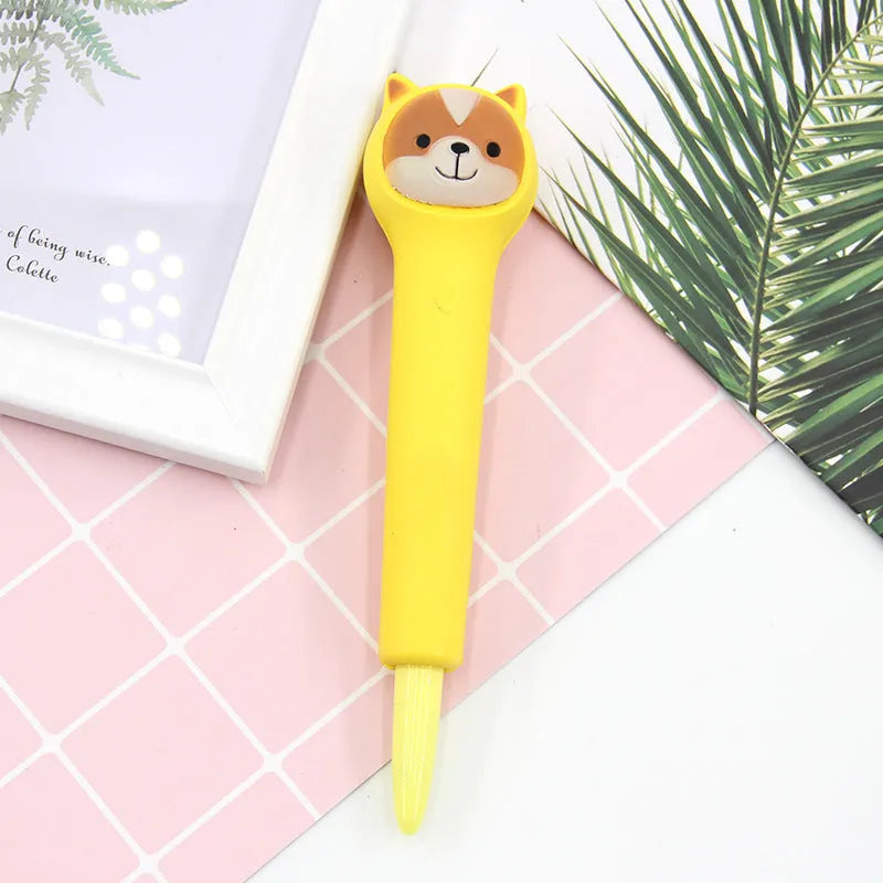 Apple-compatible vent pen with 0.5mm gel tip showing cartoon design options including dinosaur and kitten patterns