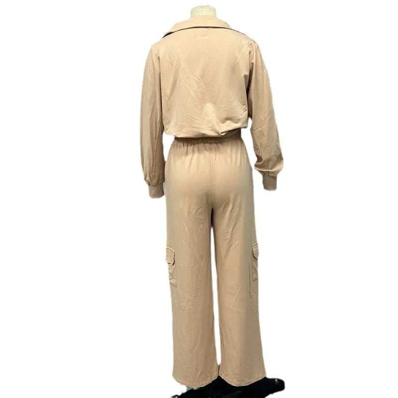 Women's light camel polyester two-piece set showing lapel top and wide leg pants