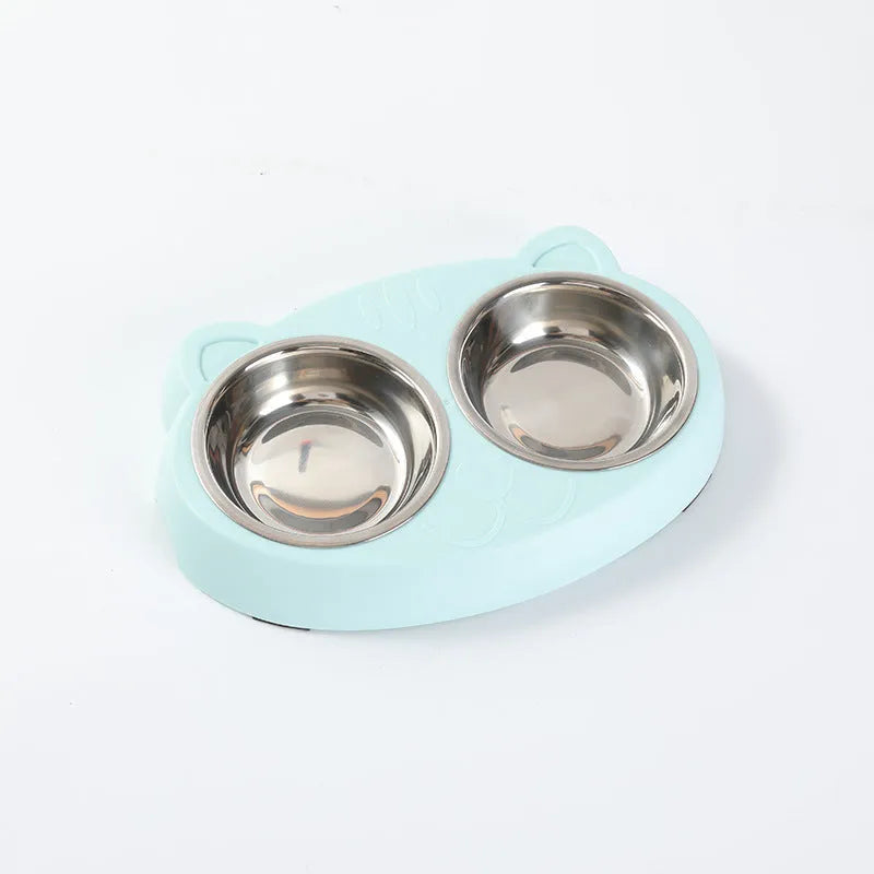 Blue plastic double bowl pet feeder tray for cat and dog food and water.