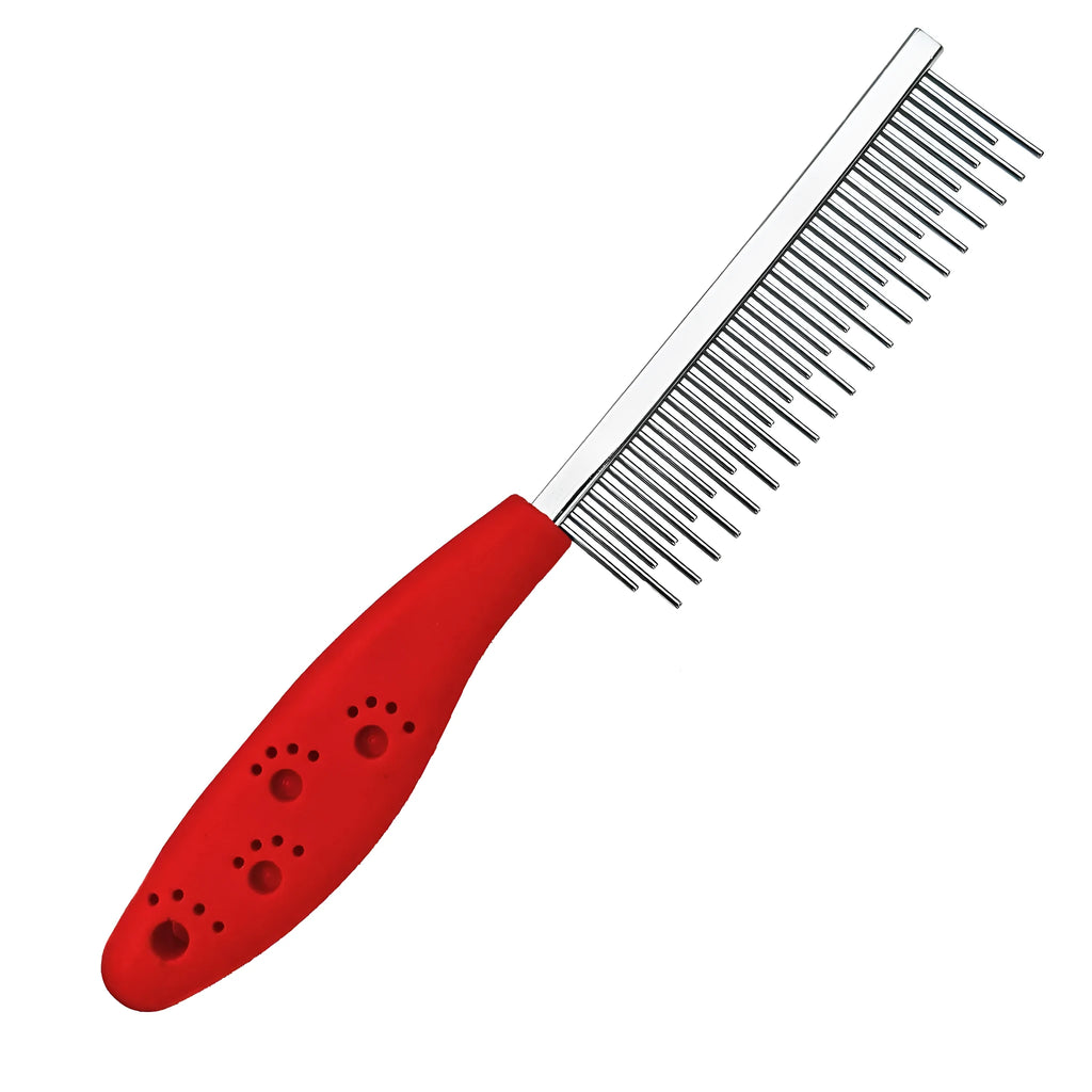 Red plastic handle pet grooming comb with two rows of stainless steel teeth, long and short, for detangling