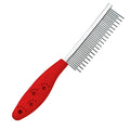 Red plastic handle pet grooming comb with two rows of stainless steel teeth, long and short, for detangling