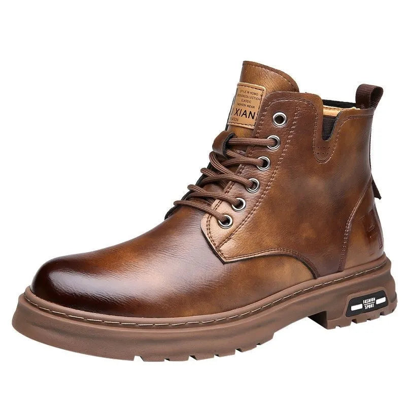 Men's black Martin lace-up boots with thick rubber sole and round toe on a neutral background.