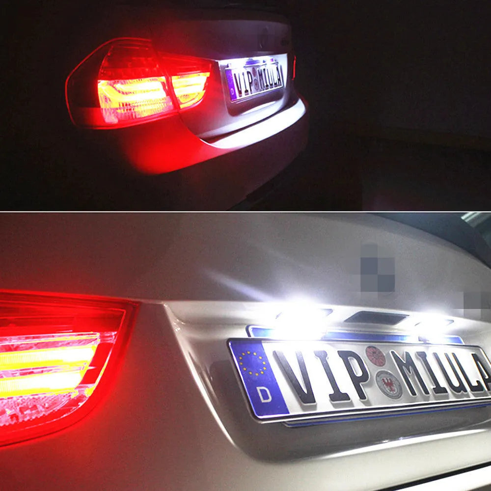 Pair of white LED license plate light bulbs for Volkswagen Golf, Polo, and Phaeton models.