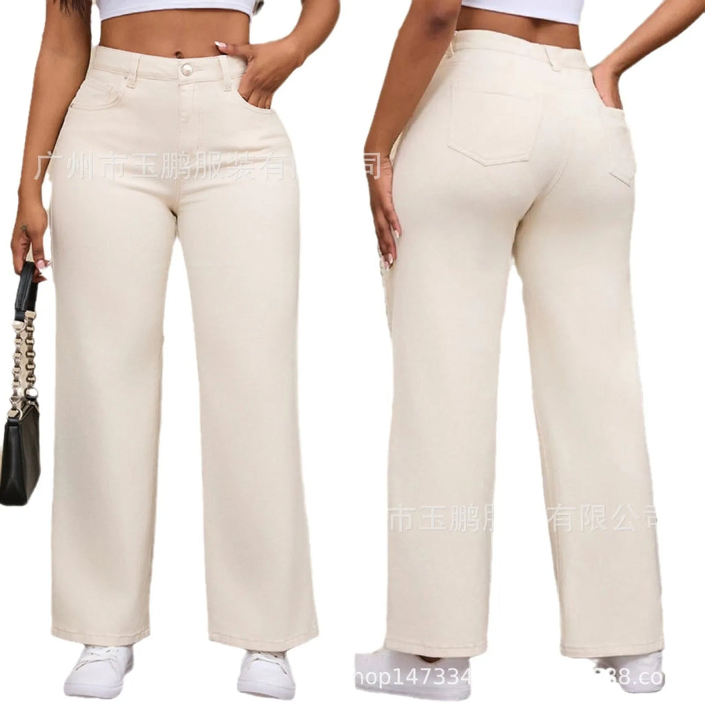 Women's apricot wide leg straight jeans with high waist on a hanger.