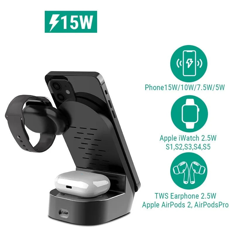 Black and grey foldable 3-in-1 wireless charging stand for phone, watch, and earbuds on a desk.