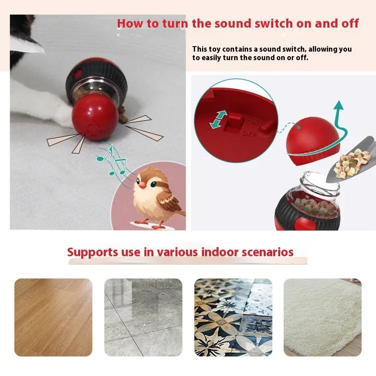 Multicolour plastic rotating cat toy with a dropping ball on a white background