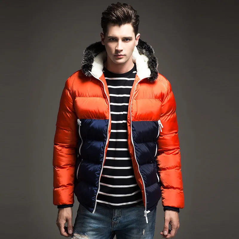 Winter padded coat with hood in white blue colour block design, front view