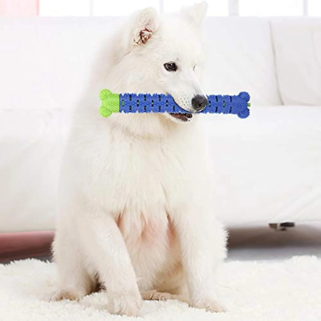 Blue-green silicone dog dental cleaning stick with serrated brush head and food crevice, 25cm long