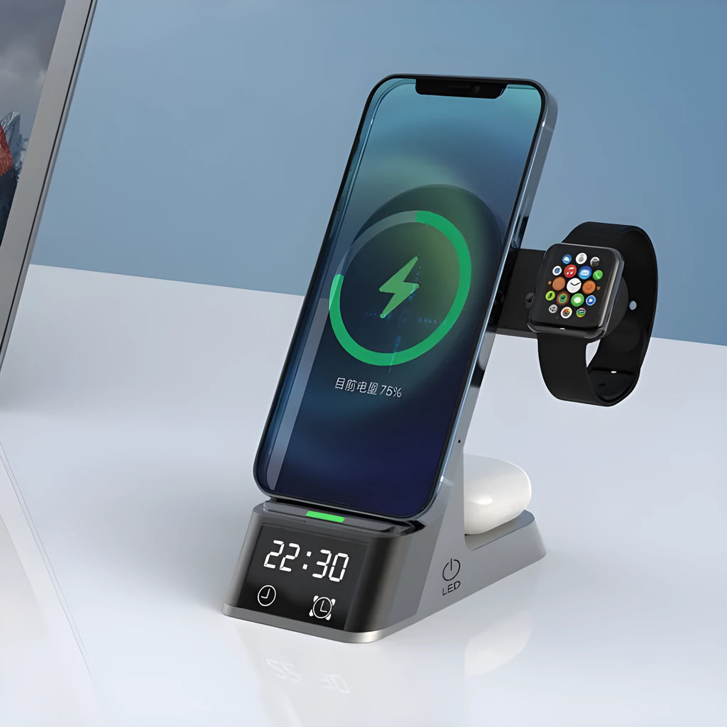 Black six-in-one alarm clock and wireless charging station on a desk.