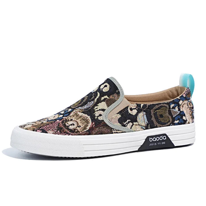 Canvas slip-on sneakers in khaki, grey green, or black with vulcanised rubber sole.