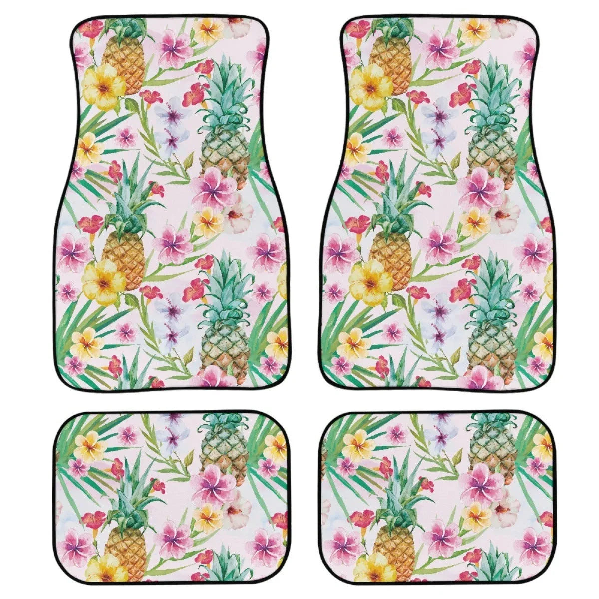 Black printed rubber car foot mat set showing textured surface and raised edges.