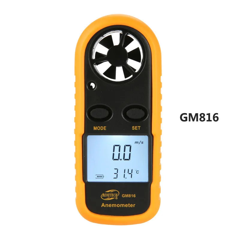 Orange digital portable wind speed measuring instrument anemometer showing display