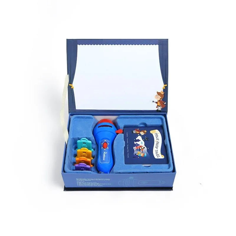 Kids handheld projector torch with clip-on discs projecting fairy tale images on ceiling