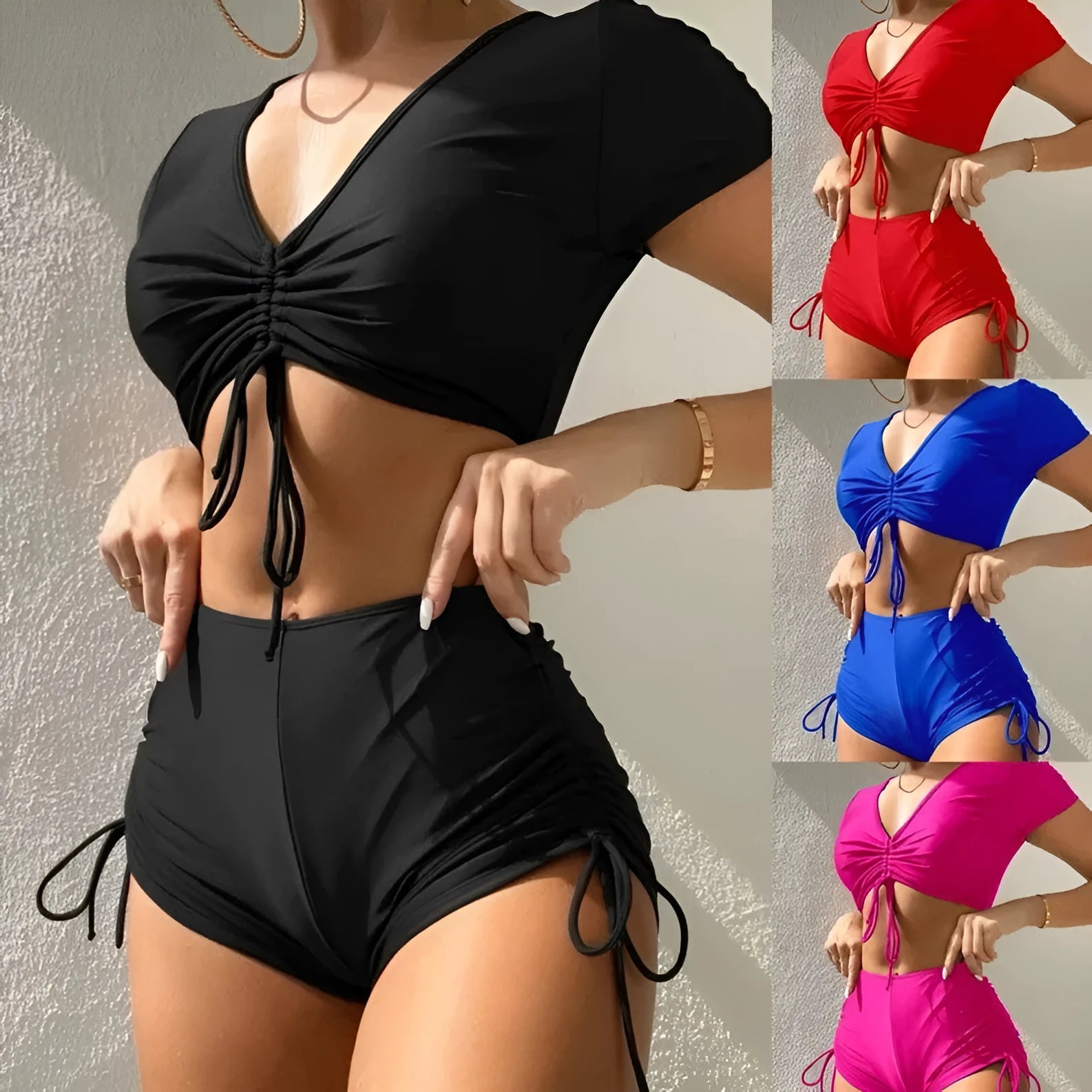 Lady's dark green lace-up bow two-piece swimsuit set for swimming.