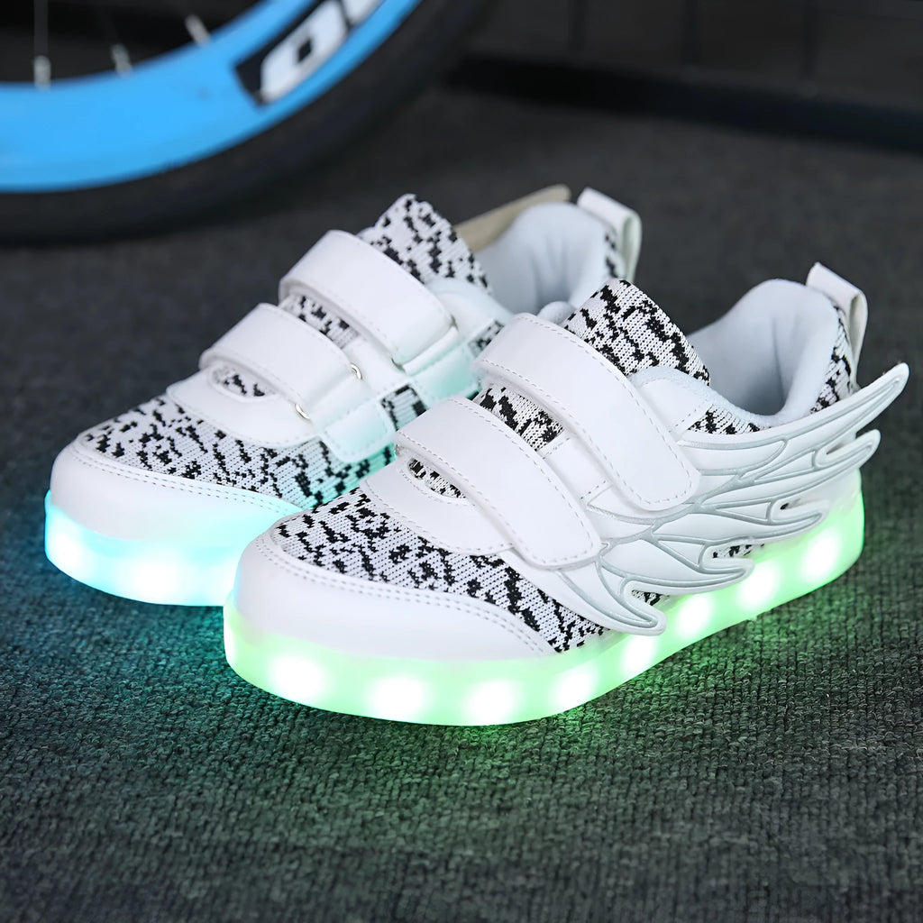 Children's plum red and white LED light-up sneakers with USB charging port and colourful luminous soles