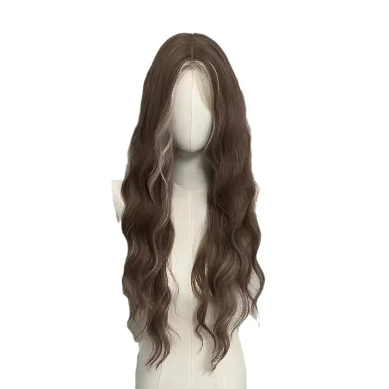 Long curly synthetic wig with grey golden highlights and straight lace front design