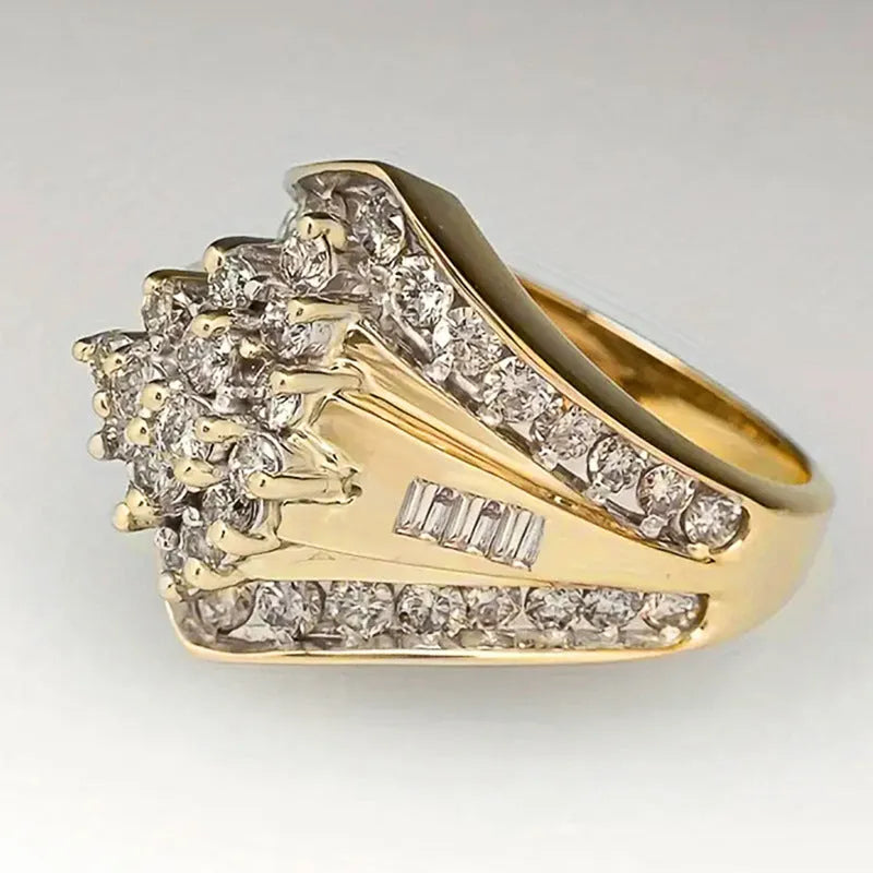 Gold electroplated copper heavy industry ring with geometric palace style design on finger