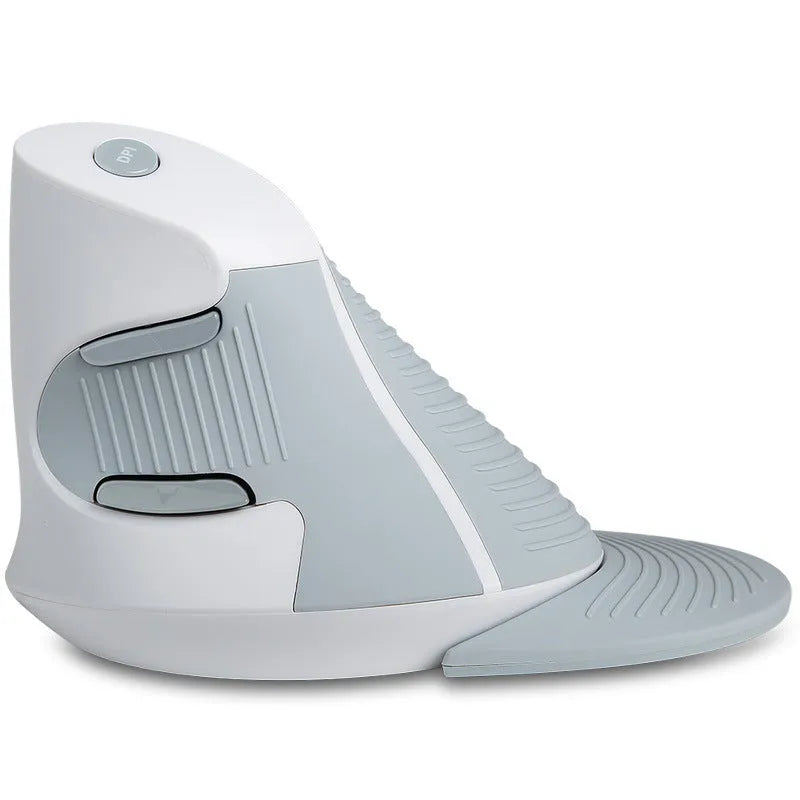 Black and white M618 wireless vertical ergonomic computer mouse on a desk.
