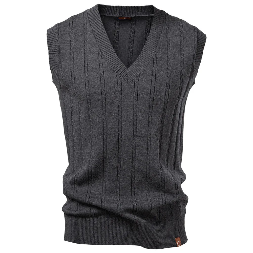 Men's European size V-neck twist sweater vest in dark blue, slim fit, viscose blend