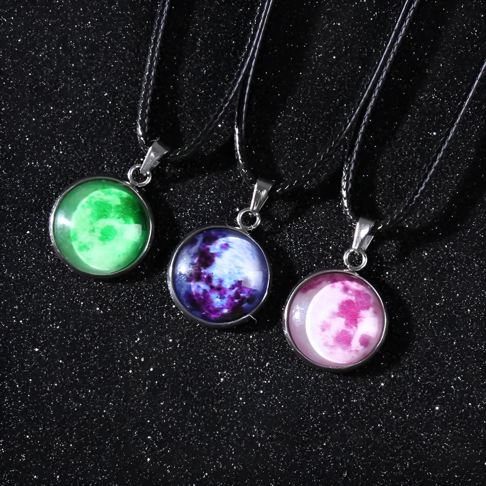 Luminous glass and coloured glaze constellation pendant necklace on an alloy chain with extension.