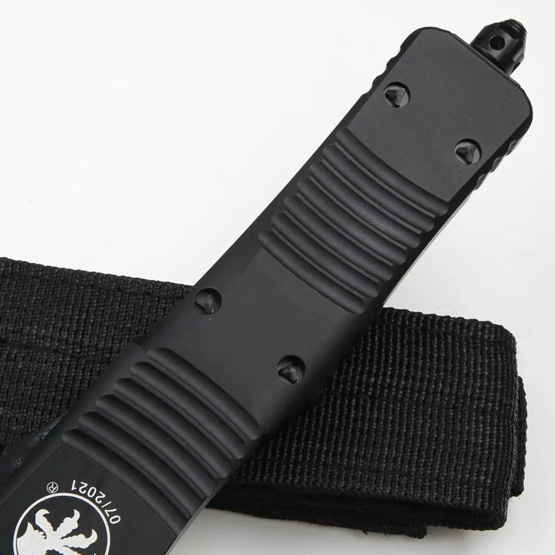 Outdoor camping tactical folding knife with D2 steel blade, black wire-drawn finish, and aviation aluminium handle