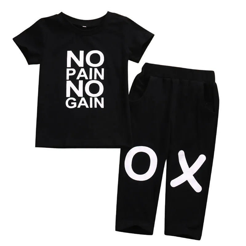 Black summer children's cotton short sleeve two-piece set on a white background