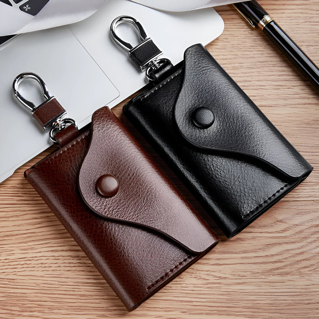 Genuine leather key case in square vertical Korean style with key mapping, shown in black.