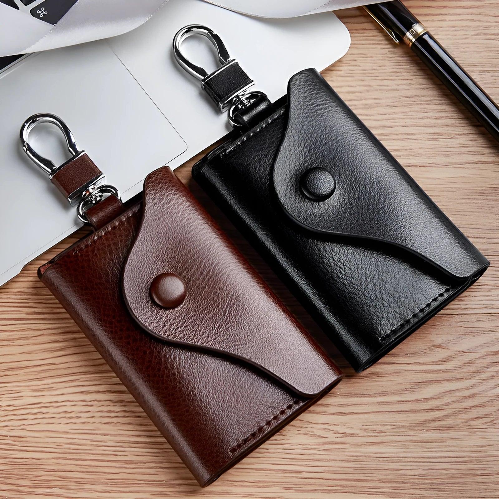 Genuine leather key case in square vertical Korean style with key mapping, shown in black.